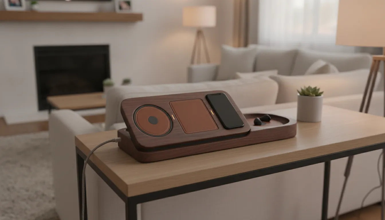 Premium wood and leather multi-device charging station on a modern console table
