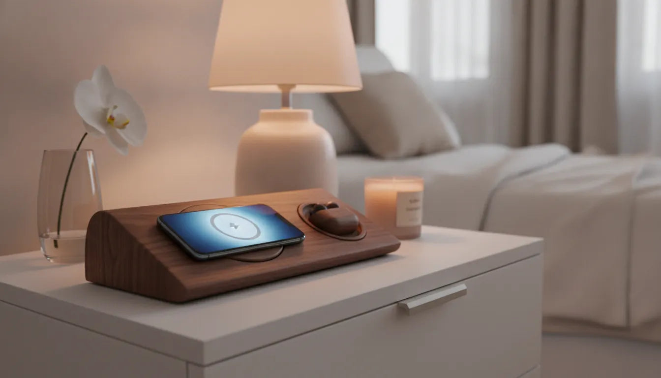 A handcrafted walnut wood wireless charging station with an iPhone resting on a magnetic charger in warm ambient light