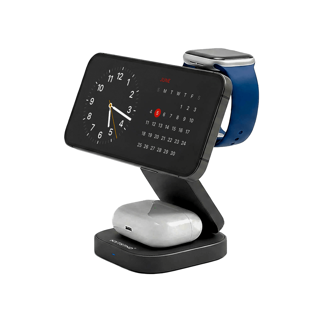 A sleek Qi2 charging stand magnetically holding and charging a smartphone.