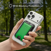 A slim MagSafe wallet with secure card protection resting on a desk.