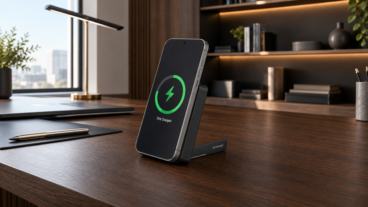 NYTSTND Magnetic Power Bank Qi2.2 in Black charges a phone on a wooden desk, showing “75% Charged.”