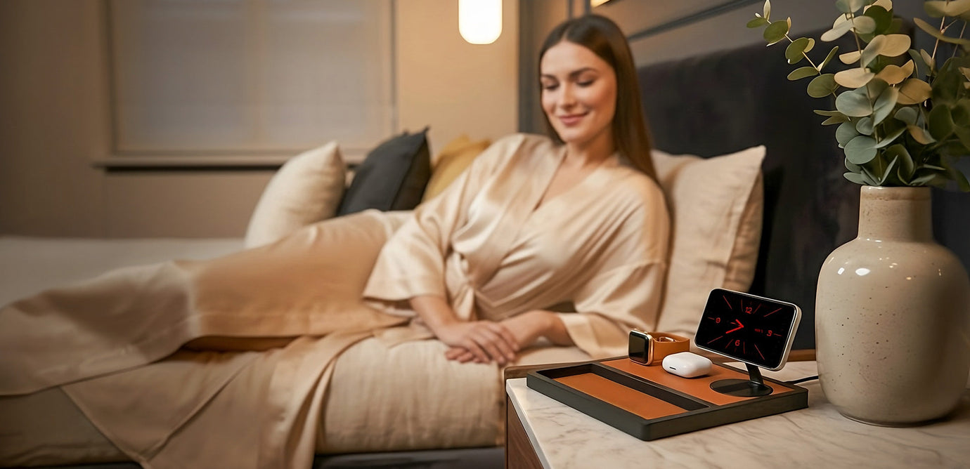 Handcrafted wood charging organizer for a desk with a phone and accessories.