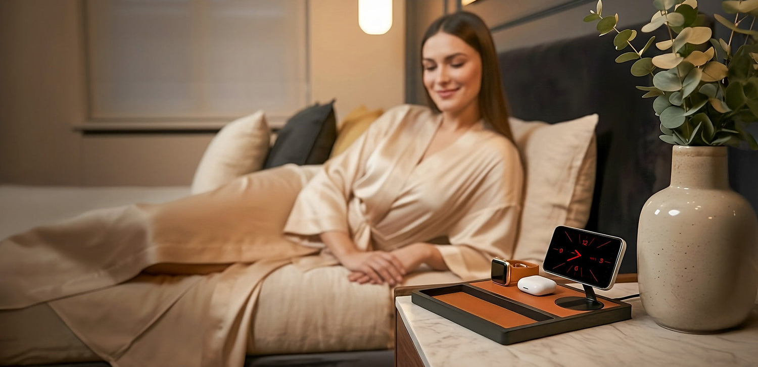 Handcrafted wood charging organizer for a desk with a phone and accessories.