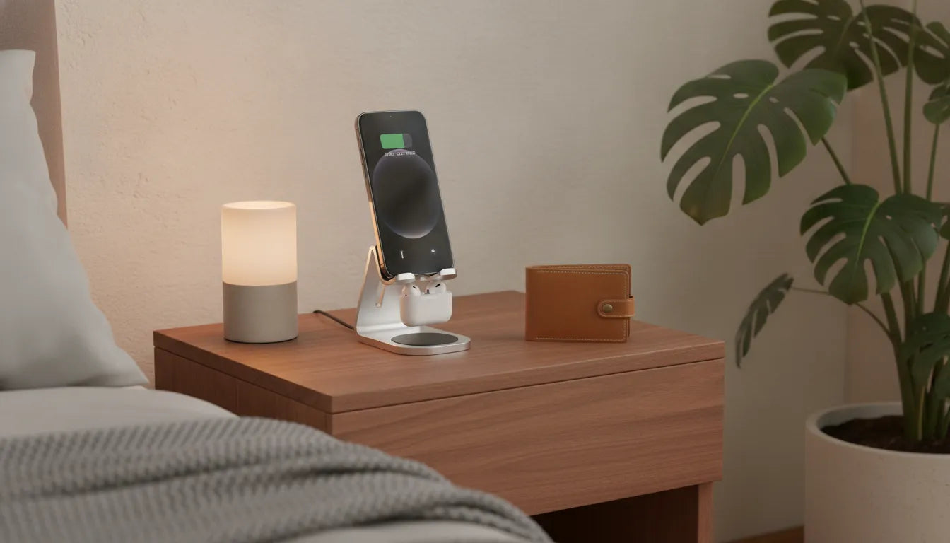 Premium wood and leather MagSafe charging station on a nightstand with iPhone and AirPods