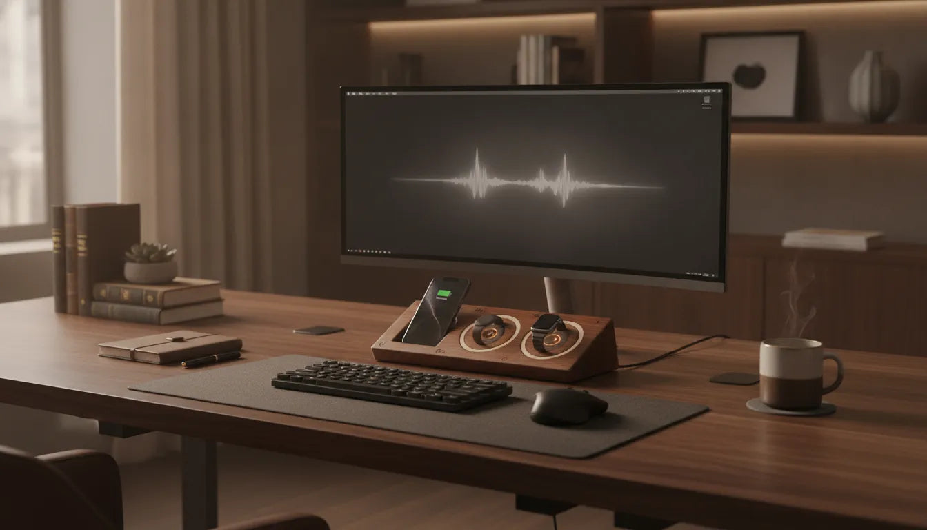 Premium home office desk setup with wood and leather wireless charging station organizing iPhone, Apple Watch, and AirPods