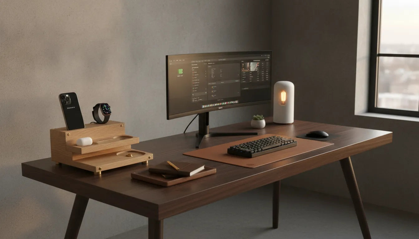Premium home office desk with a wood wireless charging station featuring an iPhone, Apple Watch, and AirPods on a clean modern desk