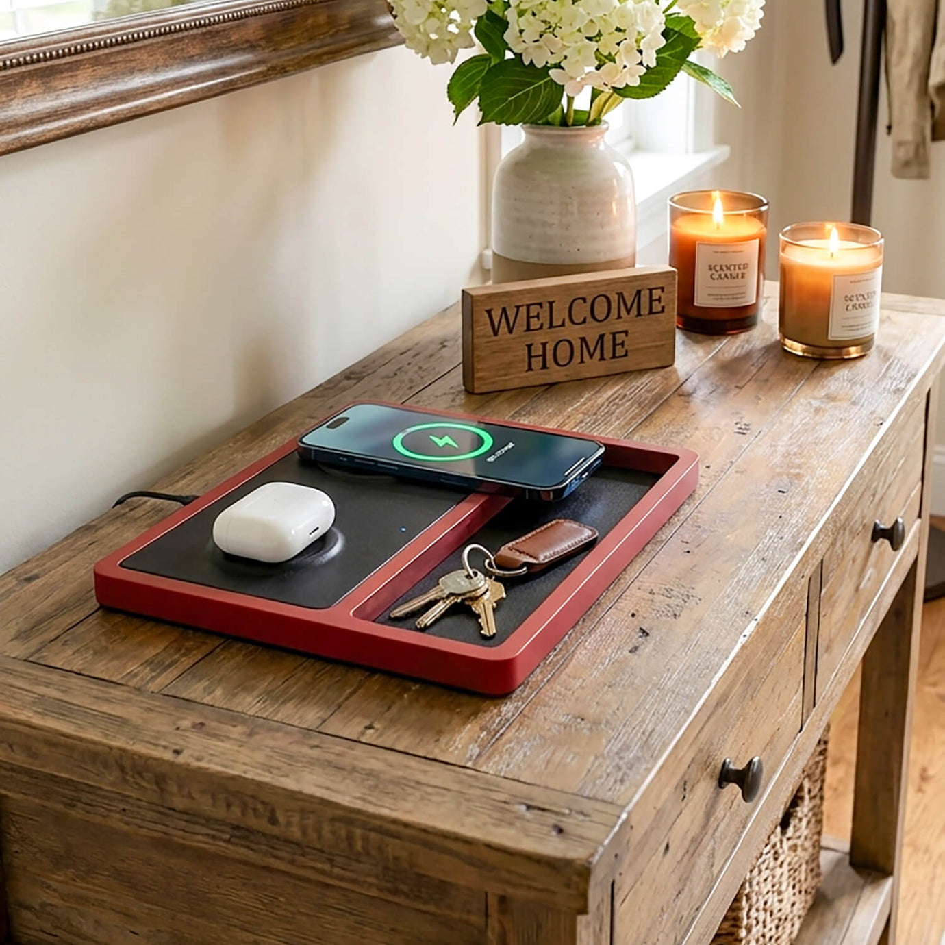 An iPhone charging on a MagSafe compatible wireless charger.