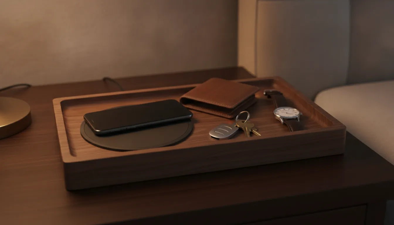 A walnut and leather valet tray charging station holding a phone, wallet, keys, and watch on a nightstand