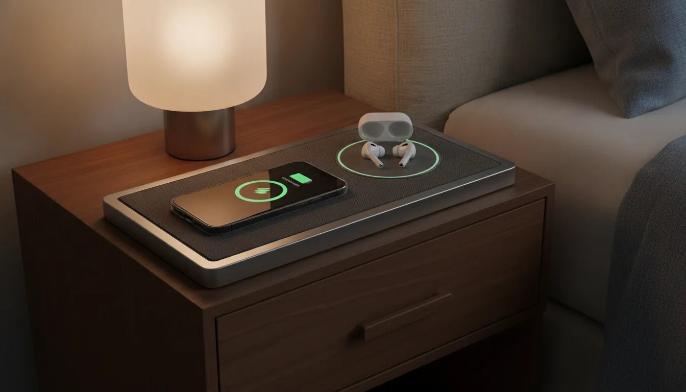 Premium wireless charging station on walnut wood nightstand with iPhone and AirPods charging