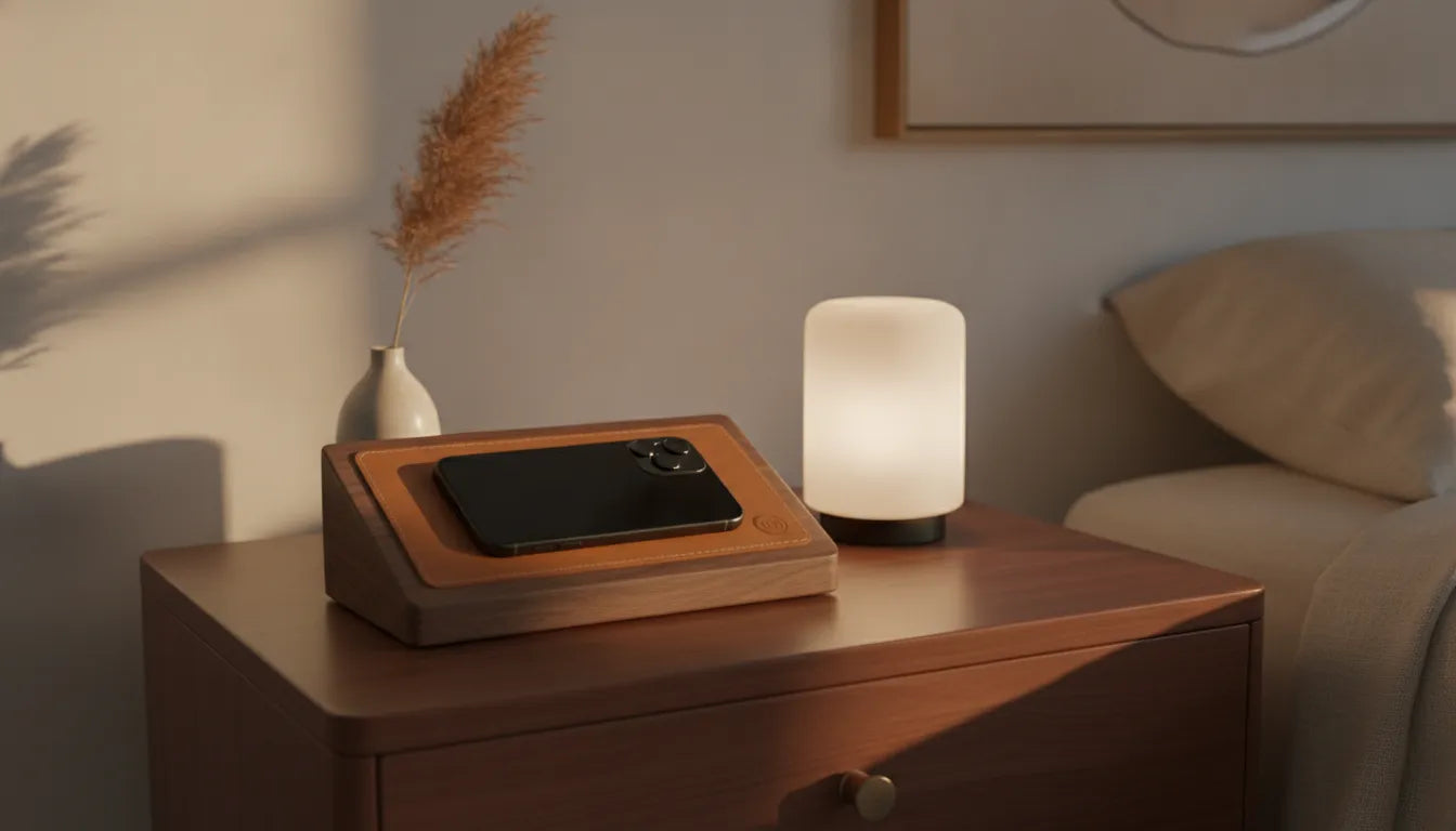 Walnut wood wireless charging station with leather surface on a polished nightstand