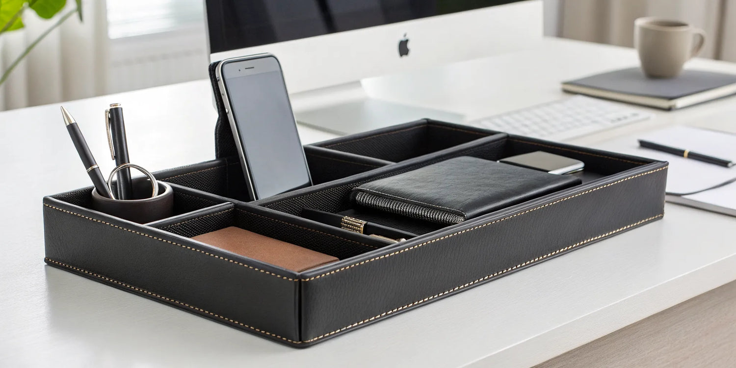 Executive leather charging valet for a desk organizing a phone, wallet, and accessories.