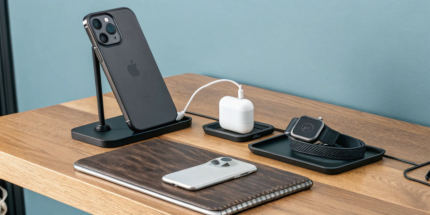 A multi-device iPhone charging station powering an iPhone, Apple Watch, and AirPods on a desk.