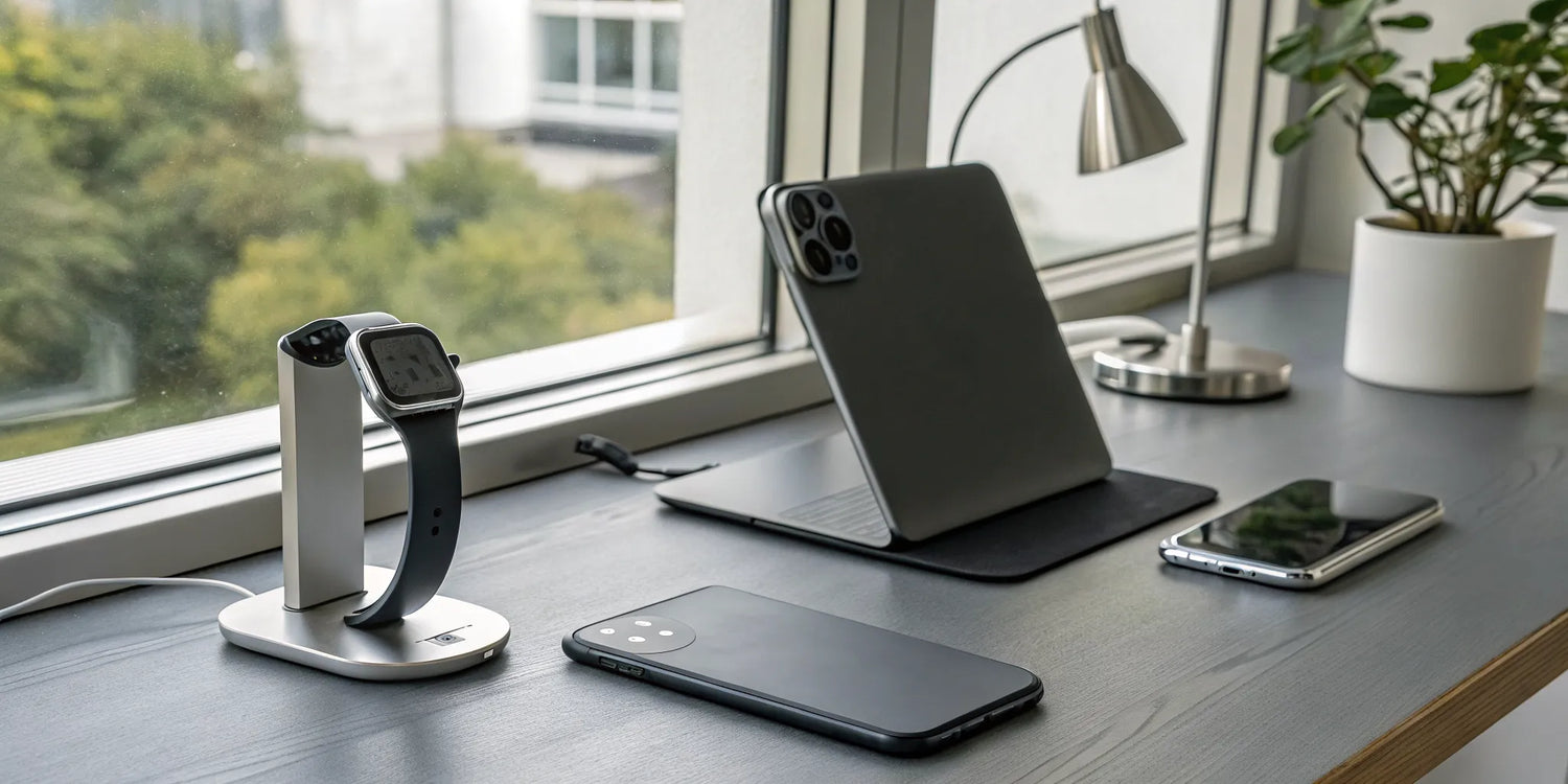 A 2 in 1 charging stand holding an iPhone and Apple Watch on a desk.