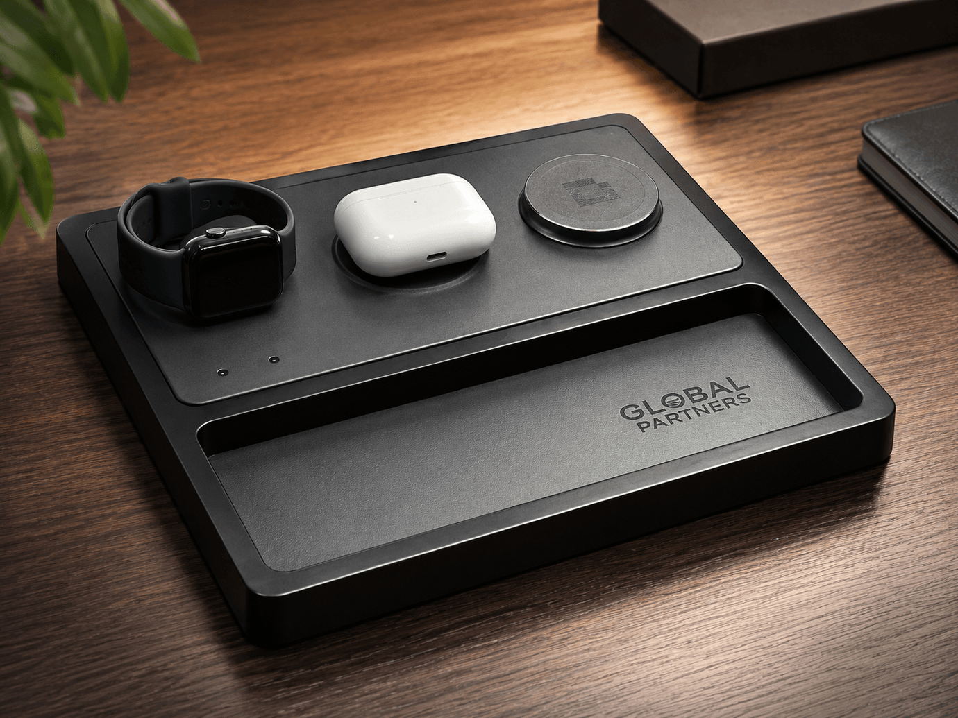 Premium wooden charging station on walnut nightstand with iPhone and Apple Watch, warm ambient lighting, quiet luxury aesthetic