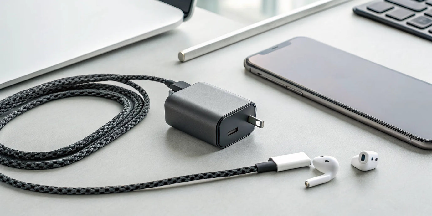 A compact 33W USB C charger fast charging a smartphone and wireless earbuds.