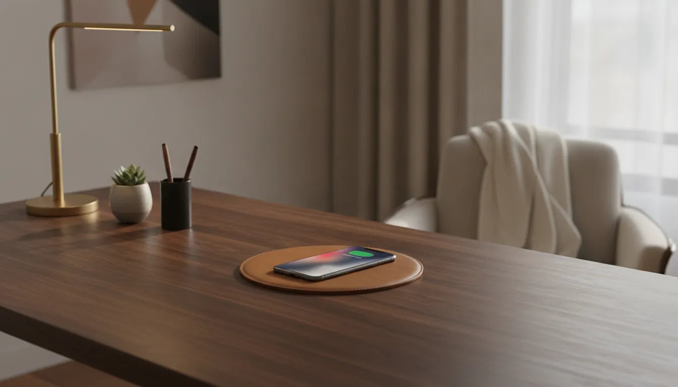 iPhone on a MagSafe wireless charging station on a premium wood desk with soft warm lighting