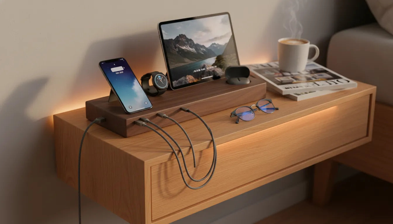 Premium wood and leather MagSafe charging station on a modern nightstand