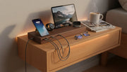 Premium wood and leather MagSafe charging station on a modern nightstand