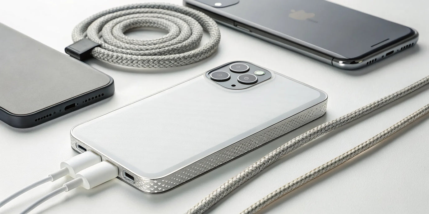 MagSafe Qi2 power bank charging two smartphones, one magnetically and one with a power cable.