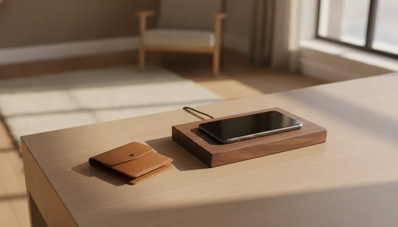 Premium walnut wood charging station with a smartphone resting on a clean oak desk, warm natural light, quiet luxury home office