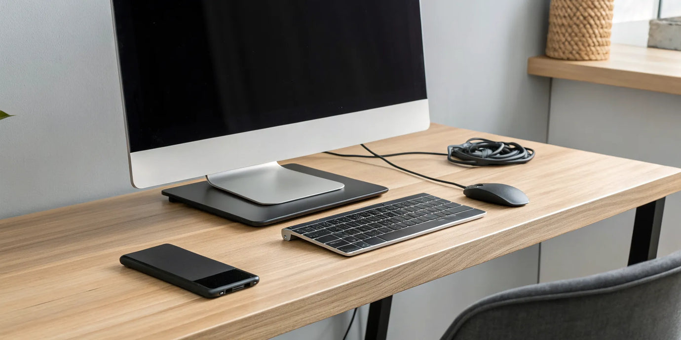 An idea for a minimalist charging setup with organized cables and devices on a clean desk.