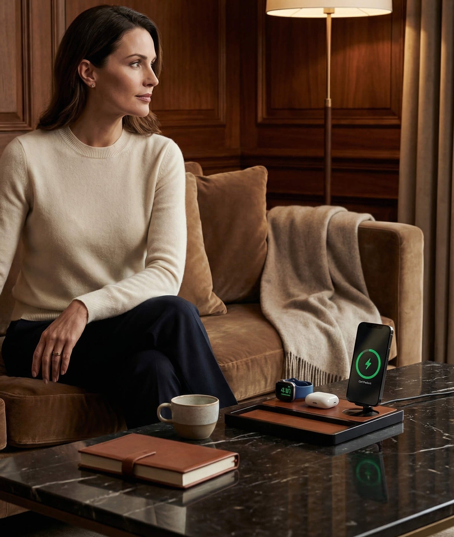 A 4 in 1 charging station simultaneously charging an iPhone, Apple Watch, AirPods, and iPad.