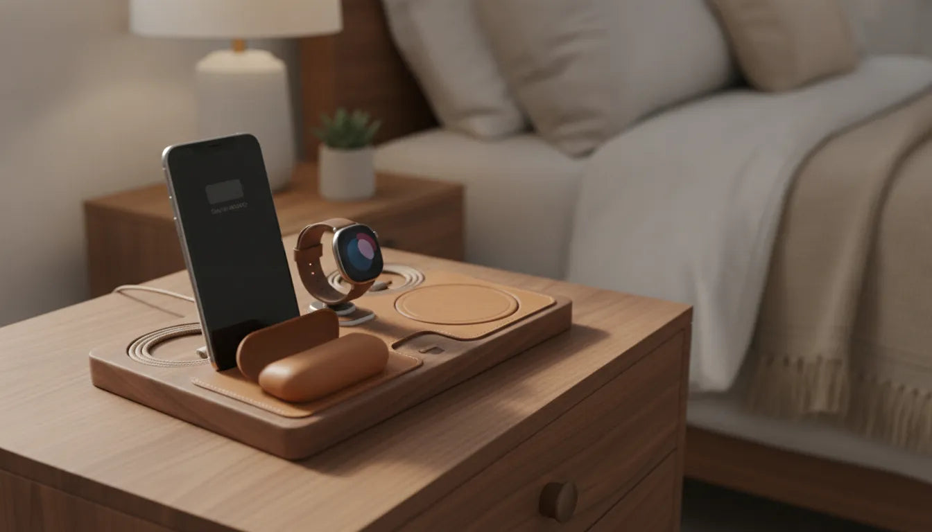 Multi device charging organizer with phone, watch, and earbuds on a warm wood nightstand