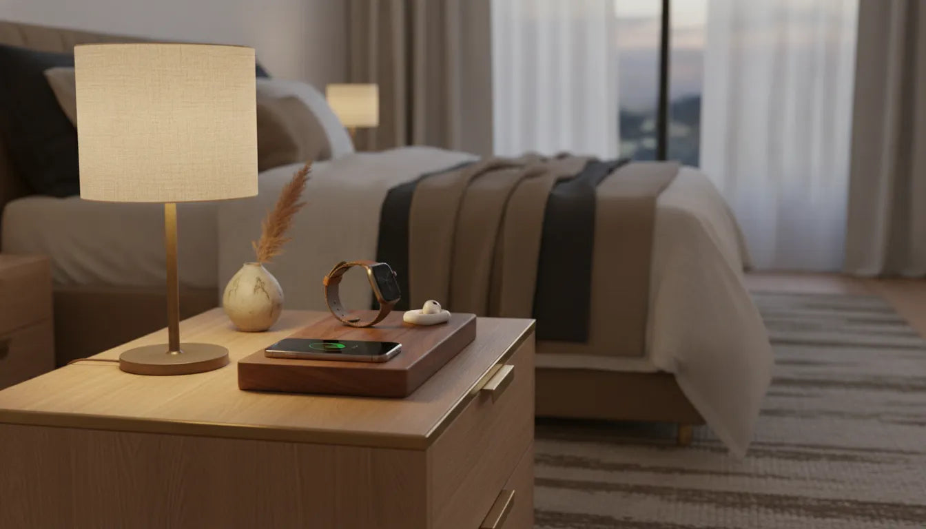 Premium wooden nightstand charging station with iPhone, Apple Watch and AirPods in a serene bedroom