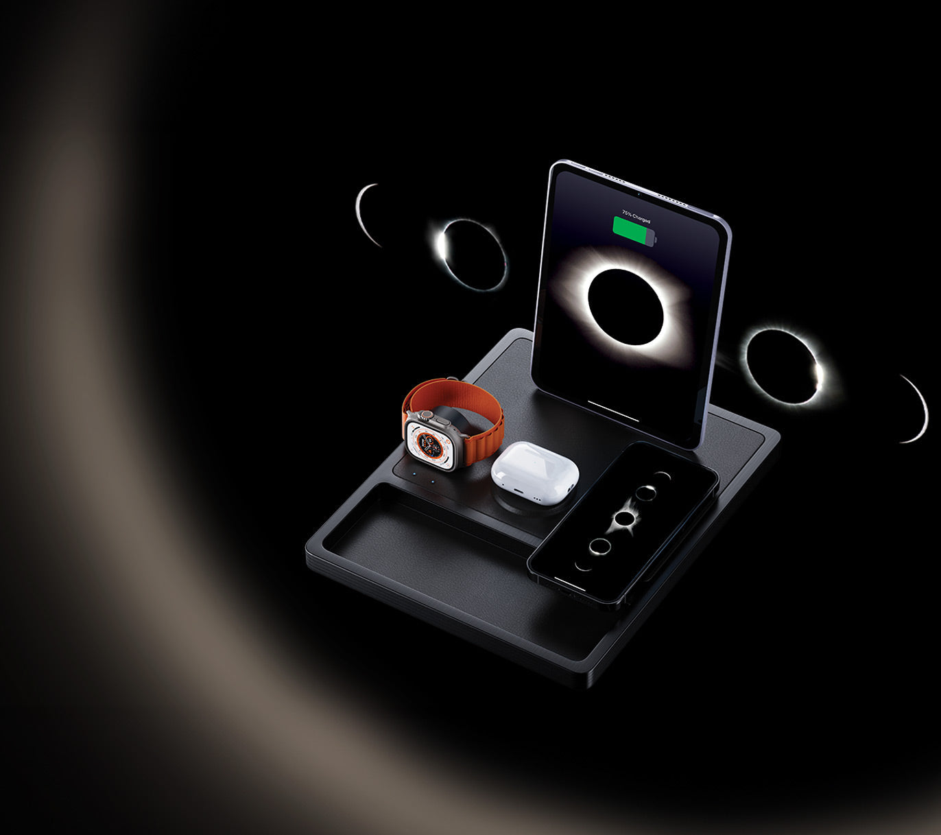 A 3-in-1 charging dock on a nightstand charging a phone, watch, and earbuds.