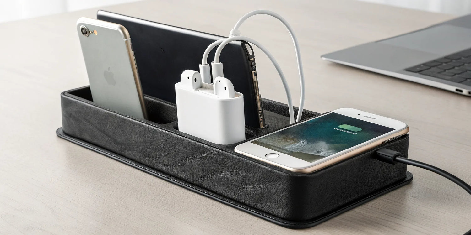 The NYTSTND TRIO charger, with its premium design, powering three devices at once on a desk.