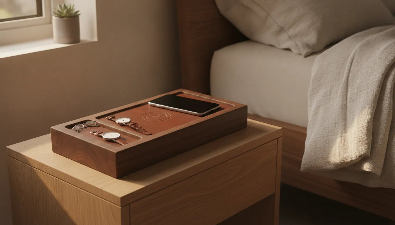 Premium handcrafted wood and full-grain leather wireless charging valet tray on a clean bedside nightstand
