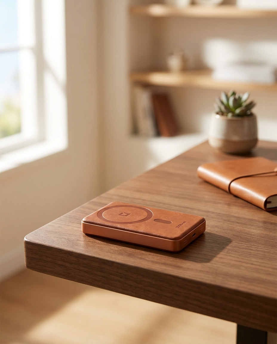 Premium MagSafe 10000mAh wireless power bank resting on a leather surface in soft natural light