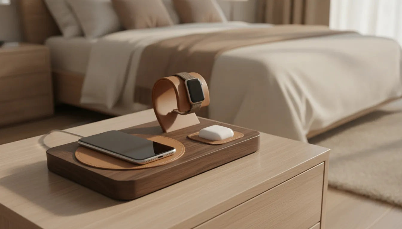 Premium wood and leather 3-in-1 wireless charging station on a nightstand, charging an iPhone, Apple Watch, and AirPods