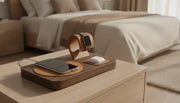 Premium wood and leather 3-in-1 wireless charging station on a nightstand, charging an iPhone, Apple Watch, and AirPods