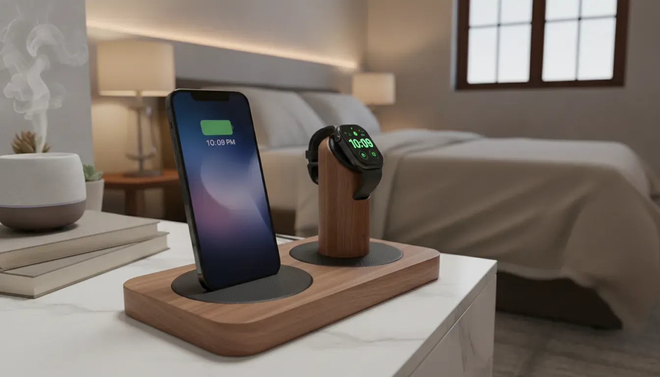 Premium charging station craftsmanship - walnut wood and leather charging station on a nightstand with iPhone and Apple Watch