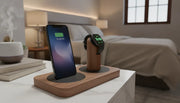 Premium charging station craftsmanship - walnut wood and leather charging station on a nightstand with iPhone and Apple Watch