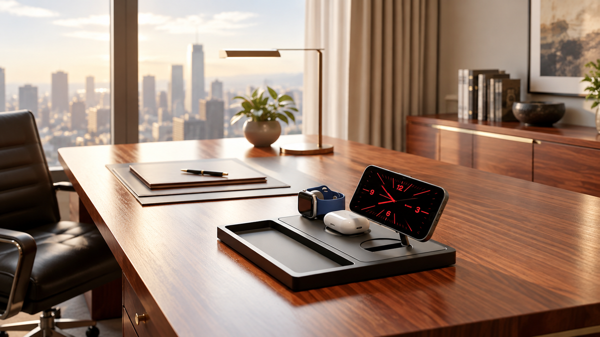 Magnetic Qi2 charging tray on a polished wood desk holding a phone, smartwatch and earbuds in warm morning light.