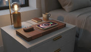 Premium wooden wireless charging station with iPhone on a modern nightstand