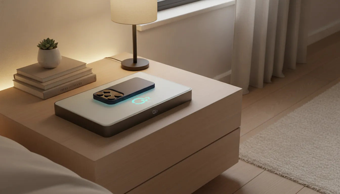 Qi2 wireless charging station with iPhone on wooden nightstand