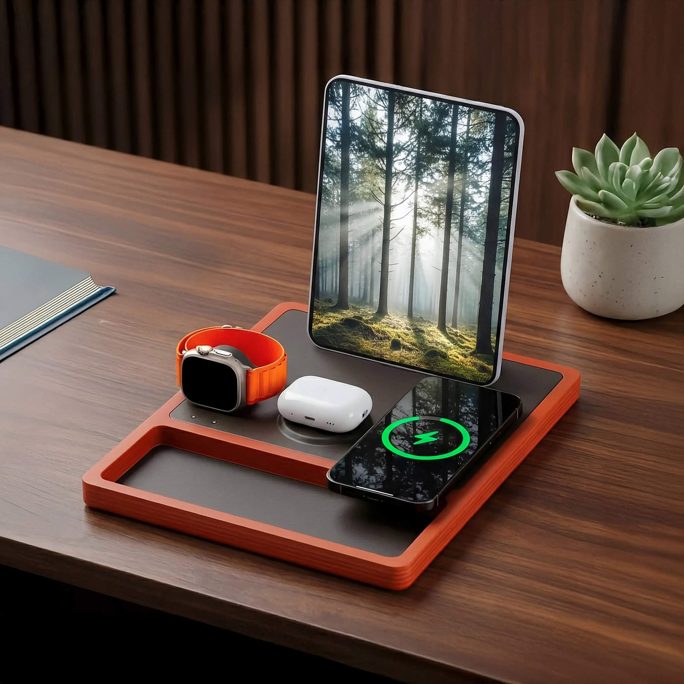 A collection of the most stylish wireless chargers organized on a modern desktop.