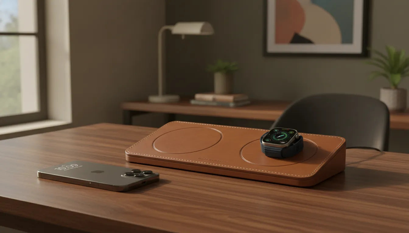 Saddle brown leather charging dock with Apple devices on a wood desk