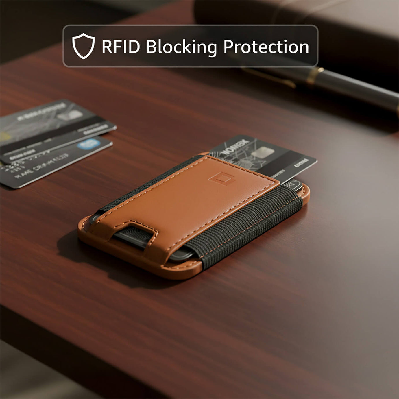 Black, blue, and brown leather iPhone wallets with RFID shield.
