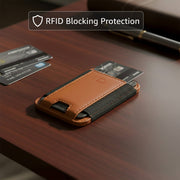 A collection of genuine leather MagSafe wallets in black and brown attached to iPhones.