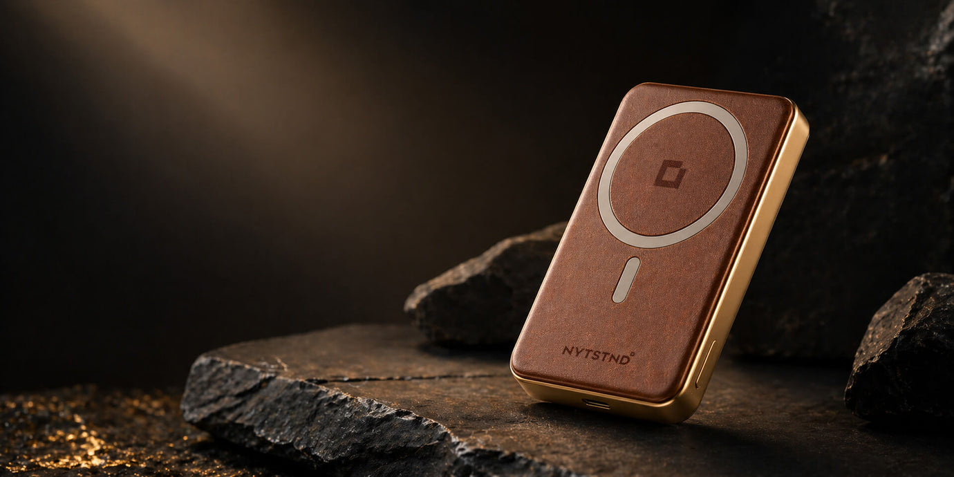 Slim MagSafe power bank attached to iPhone on a dark wood desk beside a leather wallet