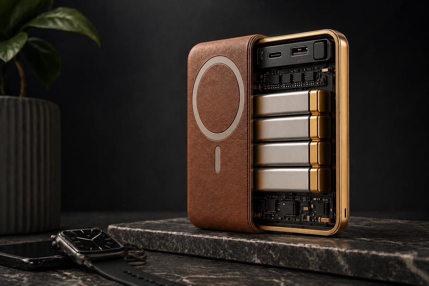 Premium MagSafe power bank on marble counter next to iPhone, passport, and sunglasses