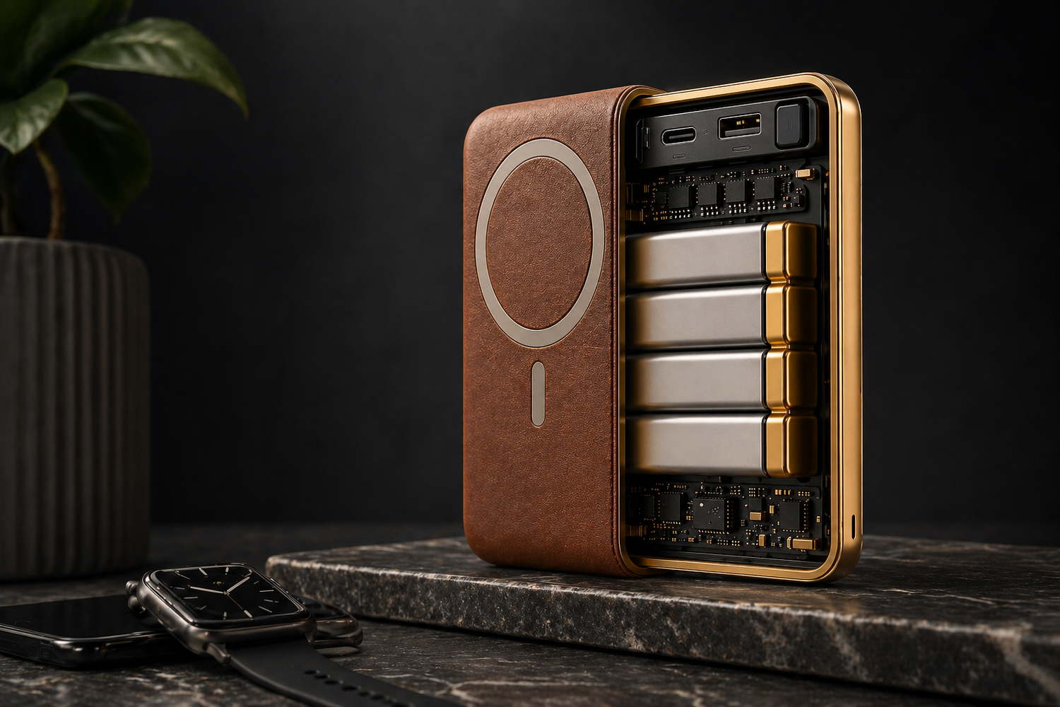 Premium MagSafe power bank on marble counter next to iPhone, passport, and sunglasses