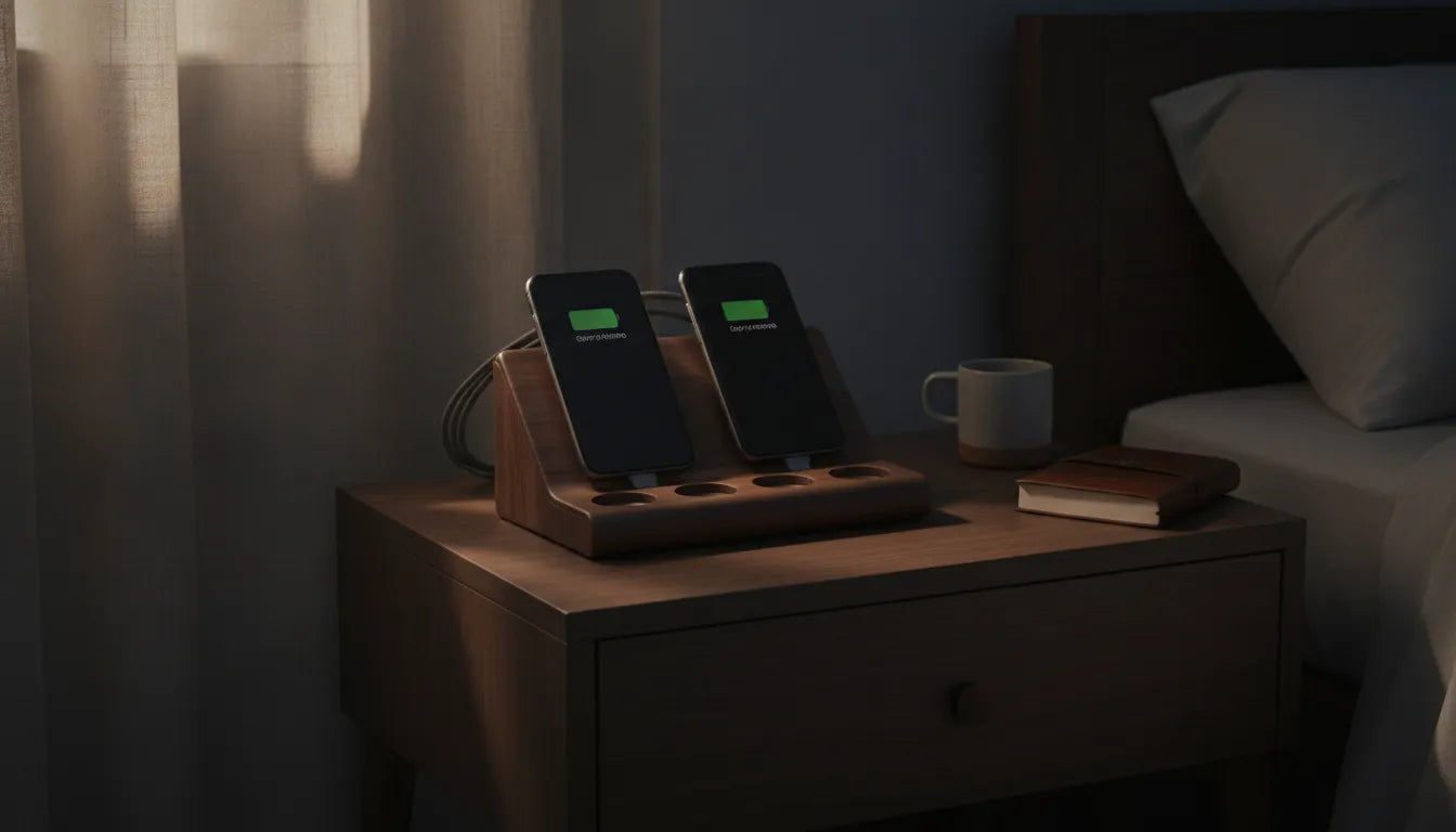 Premium wooden charging station on a dark bedroom nightstand with no visible LED lights