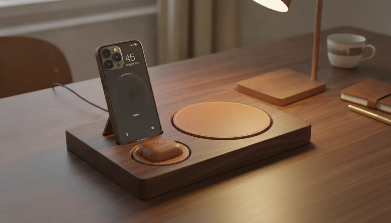 Handcrafted wood and leather charging station holding an iPhone and AirPods in a warm modern home setting