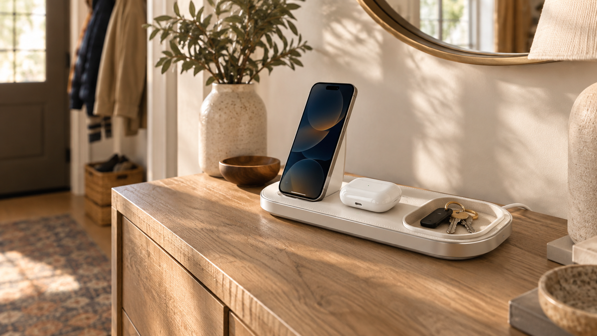 A smartphone, earbuds, and keys sit on a charging tray atop a sunlit wooden console.