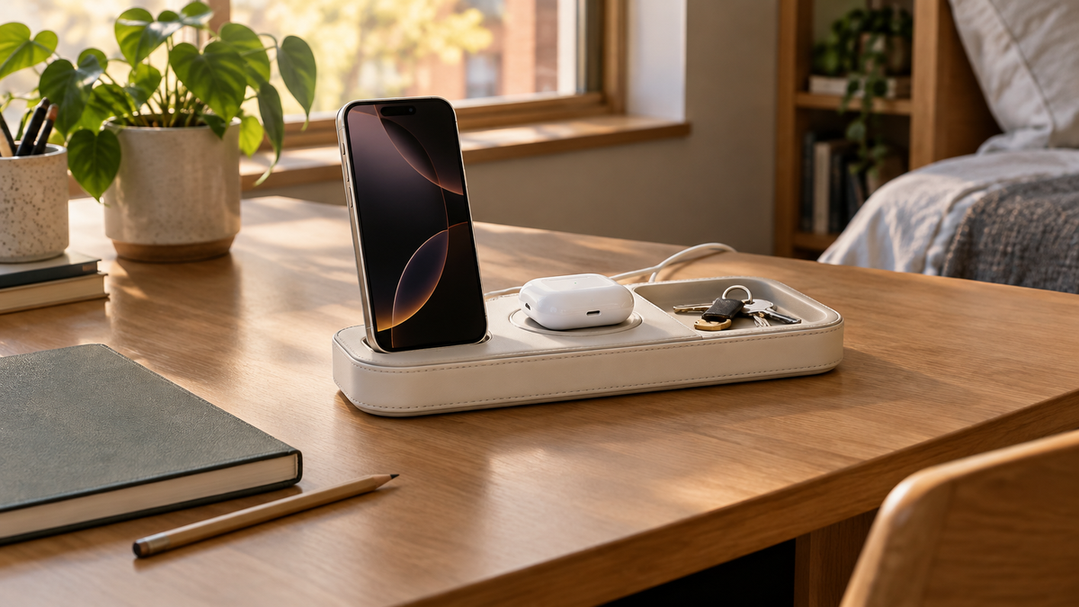 A phone, earbuds, and keys sit on a white charging tray on a sunlit wooden desk.